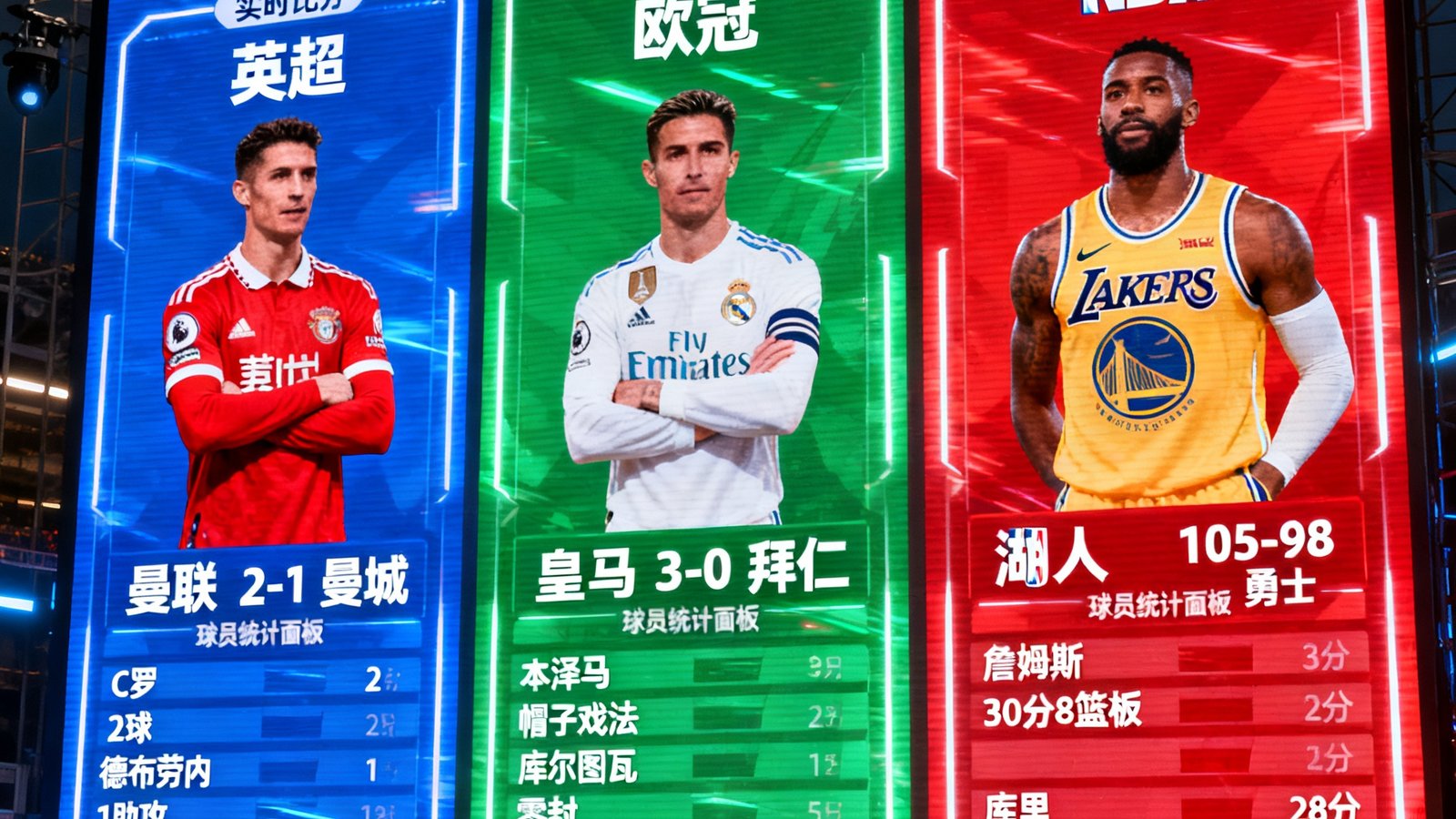 大型LED数据屏幕上同时显示英超、欧冠、NBA的实时比分和球员统计面板，色彩鲜明的数据可视化界面